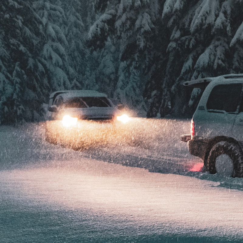 Winter night driving with headlights