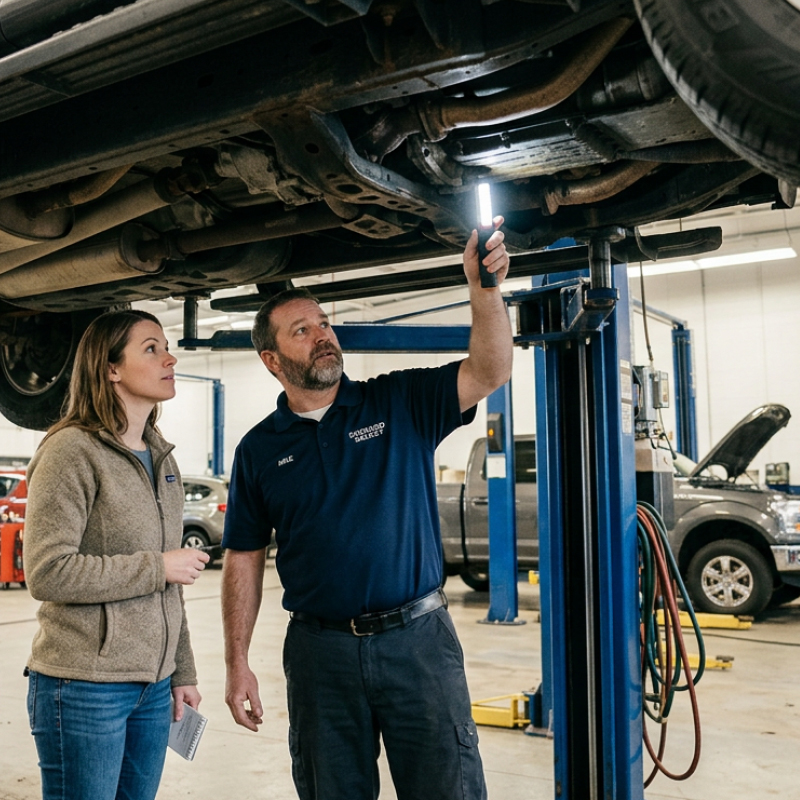 Undercarriage inspection of a used vehicle showing rust from road salt
